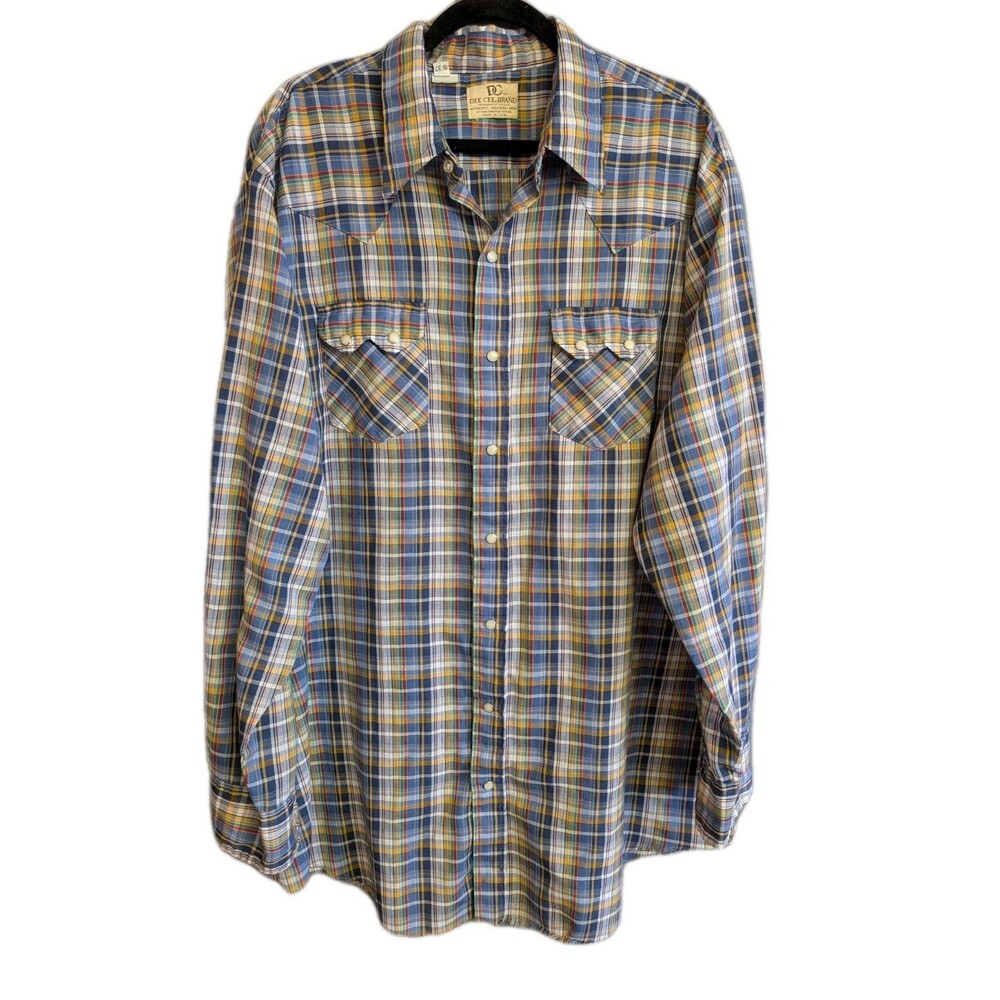 Vintage Dee Cee Shirt Mens 18-37 Blue Yellow Rodeo Pearl Snap Western 70s Cowboy